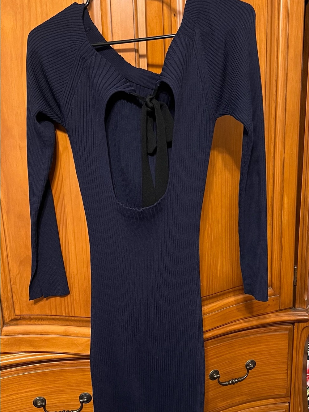 Jason Wu Navy Rib-Knit Long Sleeve Open-Back Dress